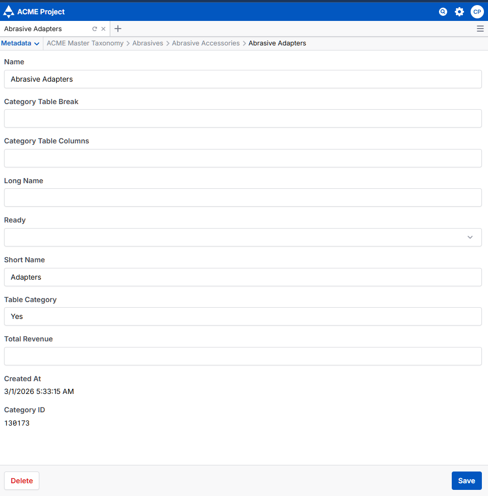 The category metadata view, showing metadata fields including name, category table break, category table columns, long name, ready status, short name, table category, total revenue, create date, and category id.