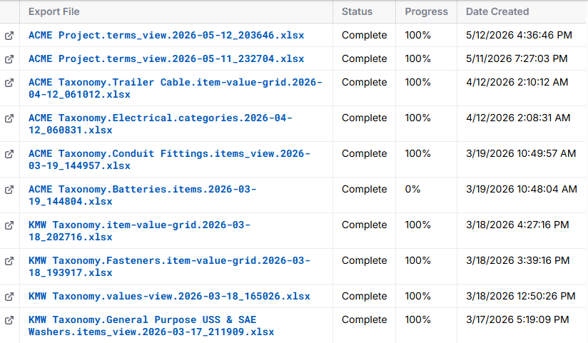 A list of filenames that have been exported from SkuDB. Names have information sequenced within them to make them unique, such as ACME Project.terms_view.2026-06-12_203646.xlsx. Each row has a status (Complete), a Progress of 100% or 0%, and a Date Created, with mm/dd/YYYY H:mm:ss AM/PM format.