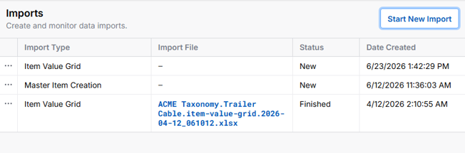 An import results summary is displayed, showing the Import Type, Import File, Status, and Date Created. In the table are three rows, of type Item Valuye Grid, Master Item Creation, and Item Value Grid. The first two have no import file listed, and a status of new, with create dates of June 23rd and June 12th. The third, Item Value Grid, shows an Import File called ACME Taxonomy.Trailer Cable.item-value-grid.2026-04-12_061012.xlsx, with a status of Finished, and a Date Created of April 12th, 2026.