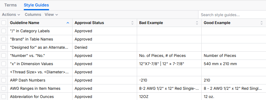 Screenshot of a Style Guides table in a web-based interface with a Terms tab visible beside it. The table shows columns for Guideline Name, Approval Status, Bad Example, and Good Example. Several rows list formatting rules such as / in Category Labels, Brand in Table Names, Number vs No., x in Dimension Values, Thread Size vs Diameter, ARP Dash Numbers, AWG Ranges in Item Names, and Abbreviation for Ounces. Most entries are marked Approved, with one marked Denied. Example columns show formatting corrections like No. of Pieces vs # of Pieces, dimension formatting like 12 x 7-7/8 corrected to 540 mm x 210 mm, dash normalization such as -210 to 210, and abbreviation normalization such as 120Z to 12 oz.