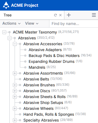 An image displaying a hierarchical structure made up of differengt categories. The categories are mainly abrasives-related, including adapters, disc holders, pads, drums, mandrels, assortments, belts, brushes, discs, sheets and roolls, shop setups, wheels, hand pads, rolls and sponges, and specialty abrasives.
