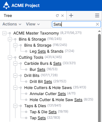An image displaying a hierarchical structure with the word Sets typed into the search bot at the top right. The categories displayed are now only those which contain the word Sets, such as Leg Sets & Stands, Carbide Burs & Sets, Bur Sets, Drill Bit Sets, Annular cutter Sets, Hole Cutter & Hole Saw Sets, Tap & Die Sets, and Tap Sets.